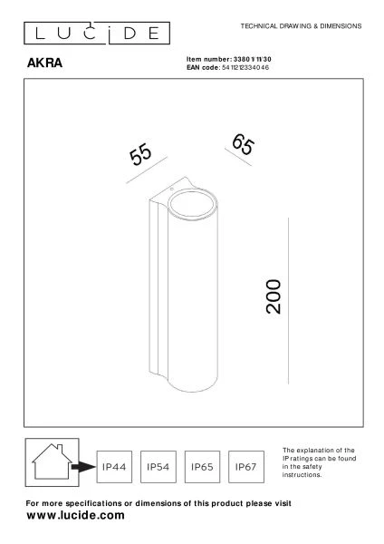 Lucide AKRA - Wall light Indoor/Outdoor - LED - 2x6,5W 2700K - IP54 - Black - technical